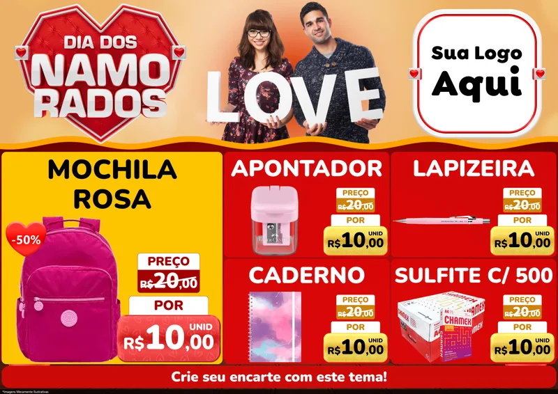 Modelo de Encarte para Encarte A4 Horizontal com o tema Dia dos Namorados para Papelaria