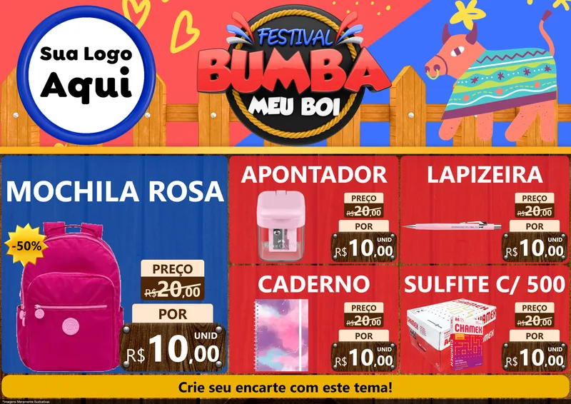 Modelo de Encarte para Encarte A4 Horizontal com o tema Festival Bumba Meu Boi para Papelaria