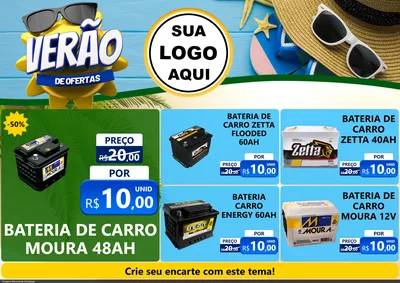 Modelo de Encarte para Encarte A4 Horizontal com o tema Verão de Ofertas para Baterias Elétricas