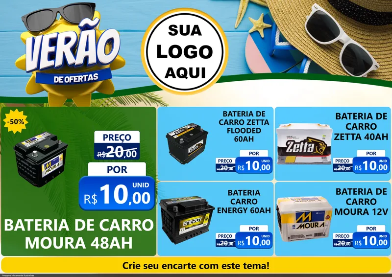 Modelo de Encarte para Encarte A4 Horizontal com o tema Verão de Ofertas para Baterias Elétricas