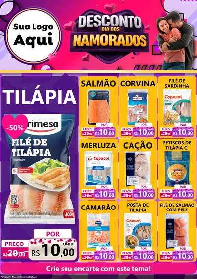Modelo de Encarte para Encarte A4 Vertical com o tema Desconto Dia dos Namorados para Peixaria