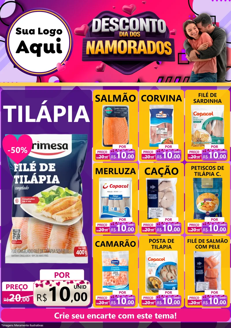 Modelo de Encarte para Encarte A4 Vertical com o tema Desconto Dia dos Namorados para Peixaria