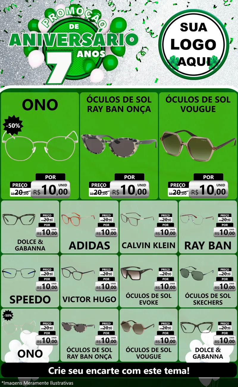 Modelo de Encarte para Encarte Grande com o tema Promoção de Aniversário - 7 Anos para Óticas