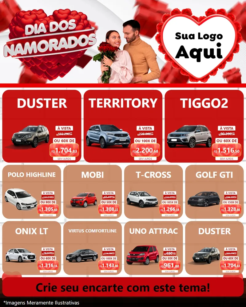 Modelo de Rede Social para Feed Instagram com o tema Dia dos Namorados para Concessionaria de Carros