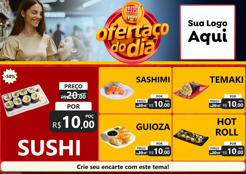 Modelo de Encarte para Encarte A4 Horizontal com o tema Ofertaço Do Dia para Comida japonesa