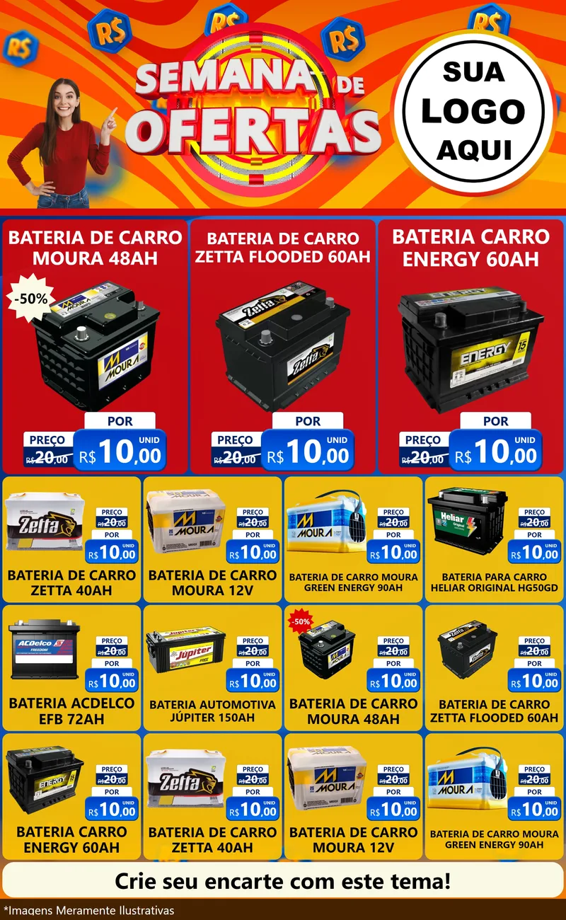 Modelo de Encarte para Encarte Grande com o tema Semana de Ofertas para Baterias Elétricas