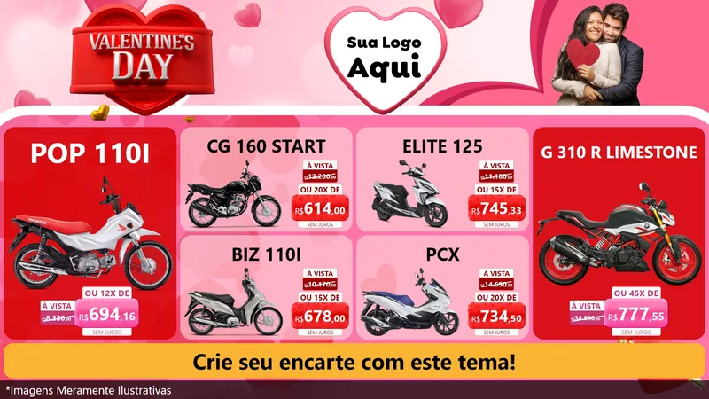 Modelo de TV para TV Horizontal com o tema Valentine's Day para Concessionaria de Motos
