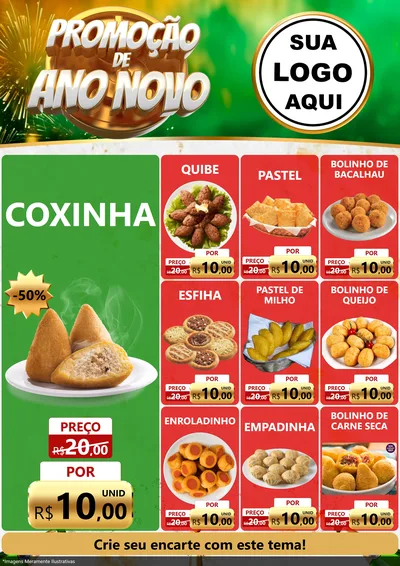 Modelo de Encarte para Encarte A4 Vertical com o tema Promoção de Ano Novo para Salgadaria