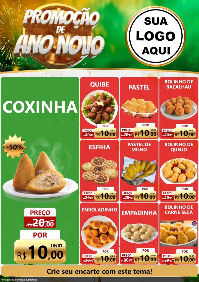 Modelo de Encarte para Encarte A4 Vertical com o tema Promoção de Ano Novo para Salgadaria