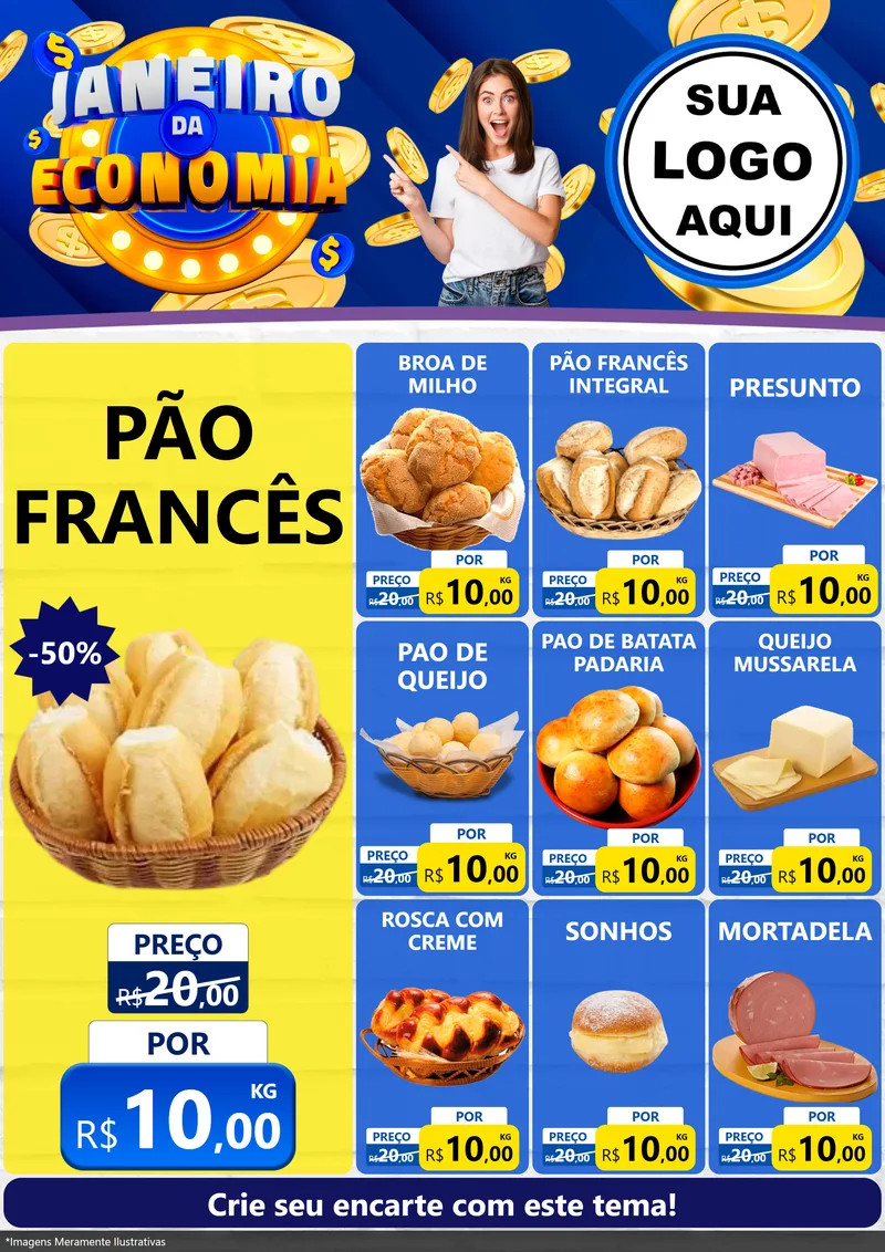 Modelo de Encarte para Encarte A4 Vertical com o tema Janeiro da Economia para Padaria