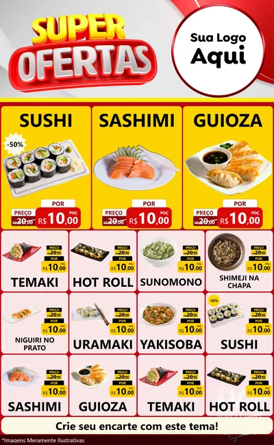 Modelo de Encarte para Encarte Grande com o tema Super Ofertas para Comida japonesa
