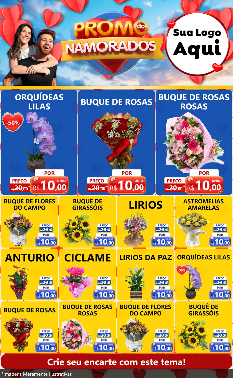 Modelo de Encarte para Encarte Grande com o tema Promo dos Namorados para Floricultura e jardim