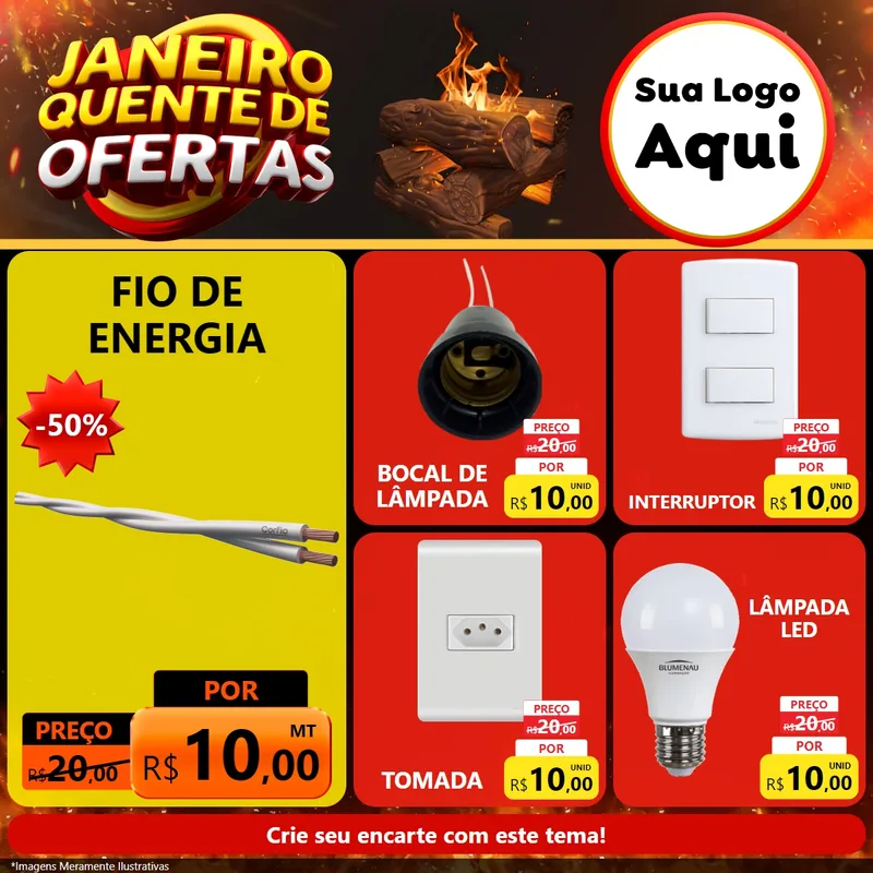 Modelo de Rede Social para Feed Facebook com o tema Janeiro Quente de Ofertas para Materiais Elétricos
