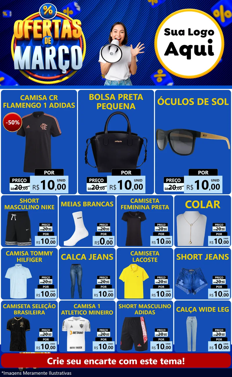 Modelo de Encarte para Encarte Grande com o tema Ofertas de Março para Roupas e acessórios