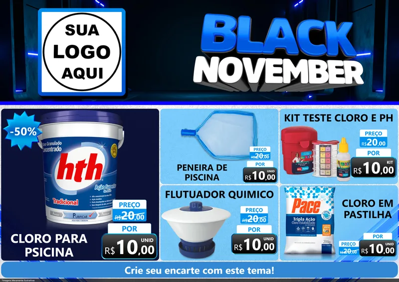 Modelo de Encarte para Encarte A4 Horizontal com o tema Black November para Produtos para Piscina