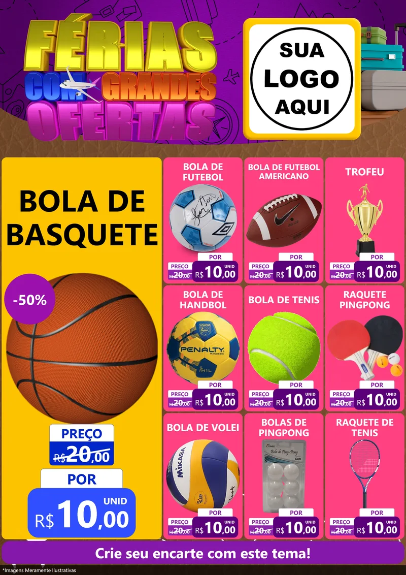 Modelo de Encarte para Encarte A4 Vertical com o tema Férias com Grandes Ofertas para Artigos Esportivos