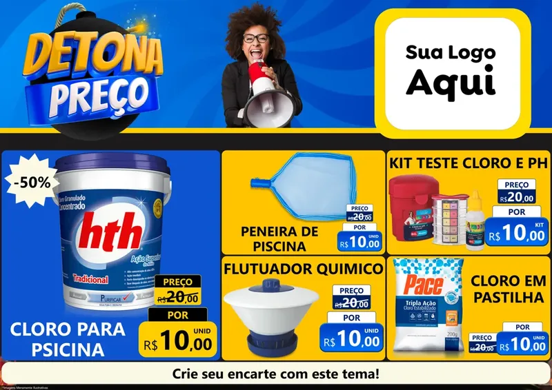 Modelo de Encarte para Encarte A4 Horizontal com o tema Detona Preços para Produtos para Piscina