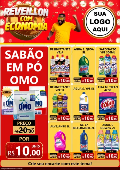 Modelo de Encarte para Encarte A4 Vertical com o tema Réveillon com Economia para Produtos de Limpeza