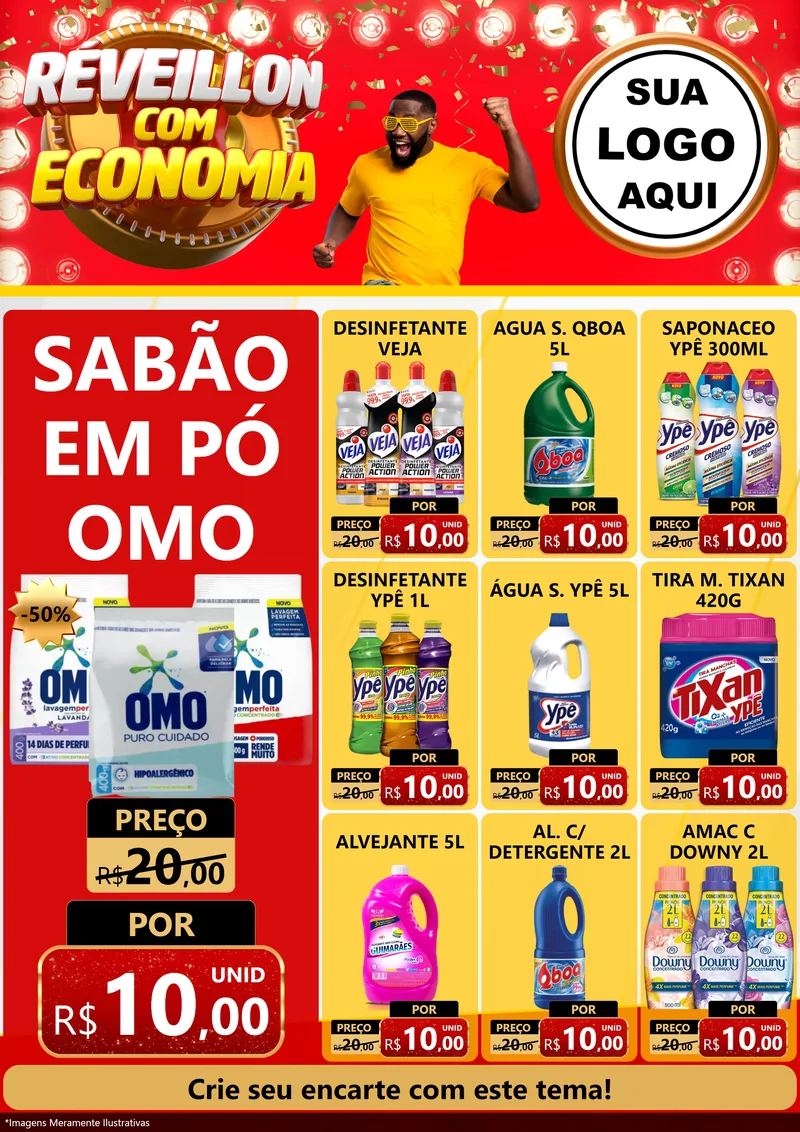 Modelo de Encarte para Encarte A4 Vertical com o tema Réveillon com Economia para Produtos de Limpeza