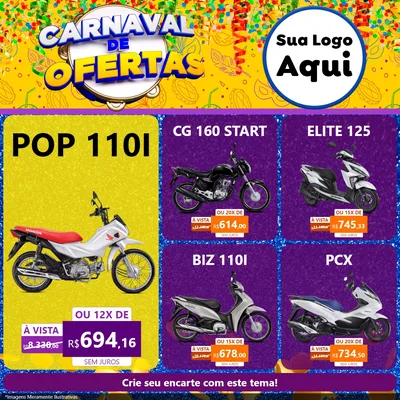 Modelo de Rede Social para Feed Facebook com o tema Carnaval de Ofertas para Concessionaria de Motos