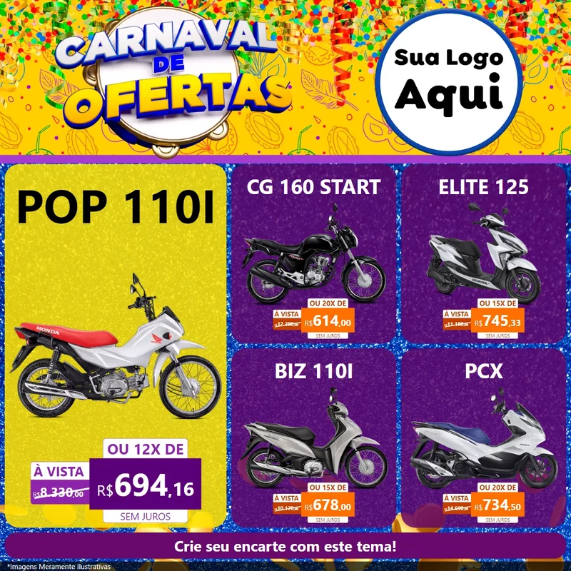Modelo de Rede Social para Feed Facebook com o tema Carnaval de Ofertas para Concessionaria de Motos
