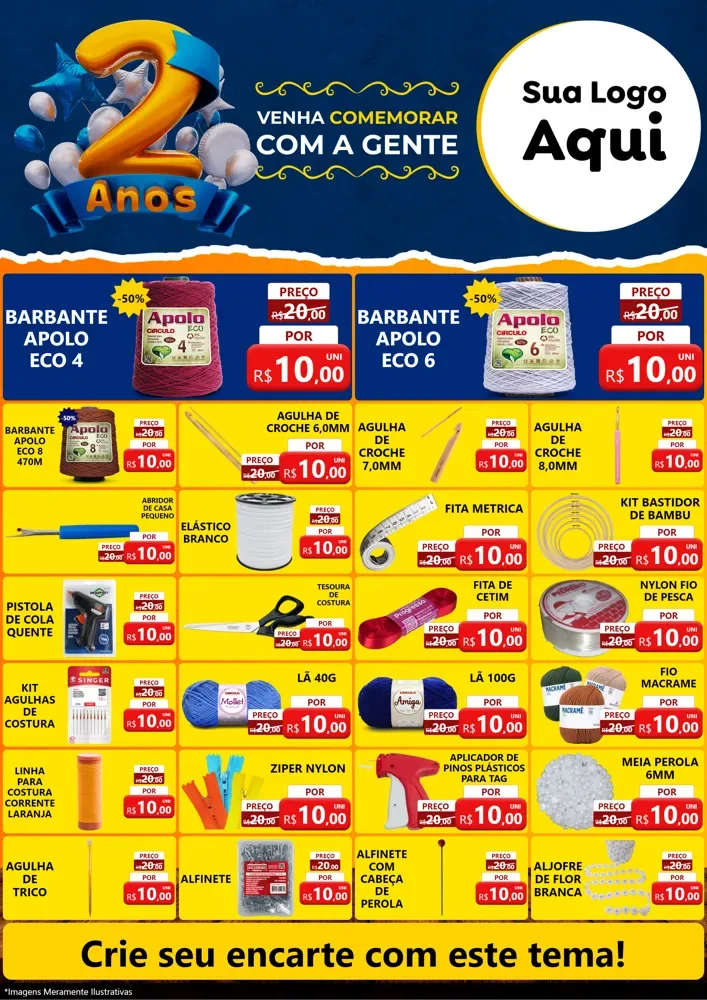 Modelo de Encarte para Encarte A4 Vertical com o tema Aniversário de 2 anos para Armarinho e Aviamentos