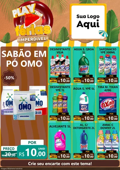 Modelo de Encarte para Encarte A4 Vertical com o tema Play Nas Férias Imperdível para Produtos de Limpeza
