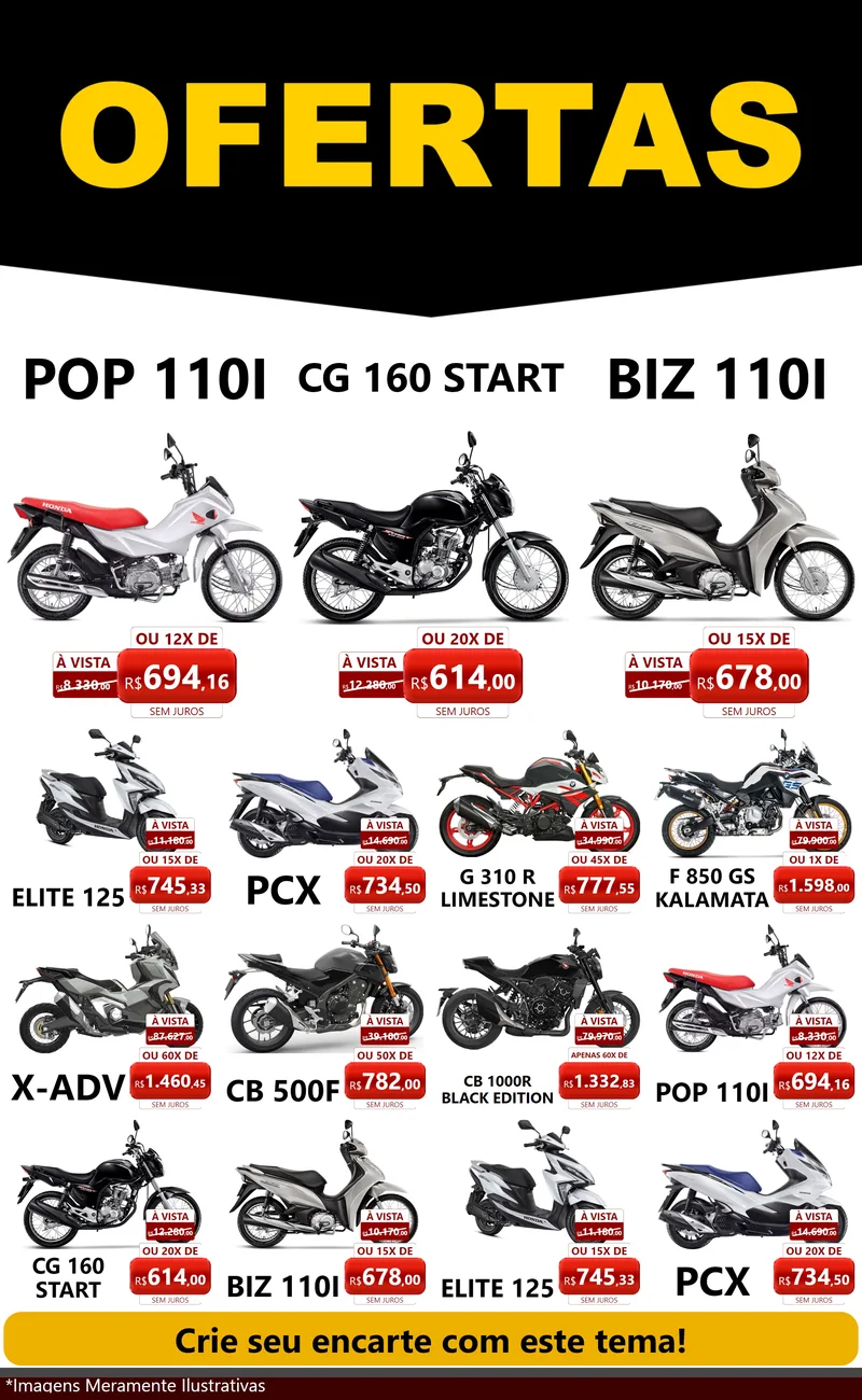 Modelo de Encarte para Encarte Grande com o tema Ofertas Preto e Vermelho Cartaz para Concessionaria de Motos