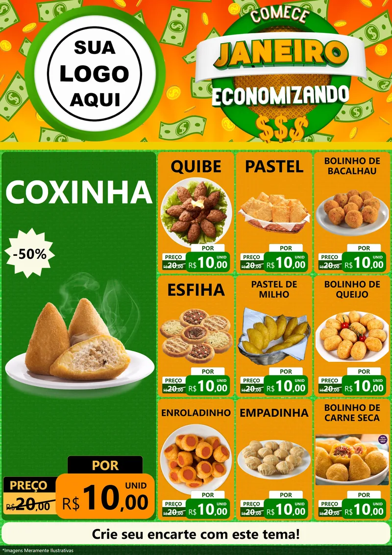 Modelo de Encarte para Encarte A4 Vertical com o tema Comece Janeiro Economizando para Salgadaria