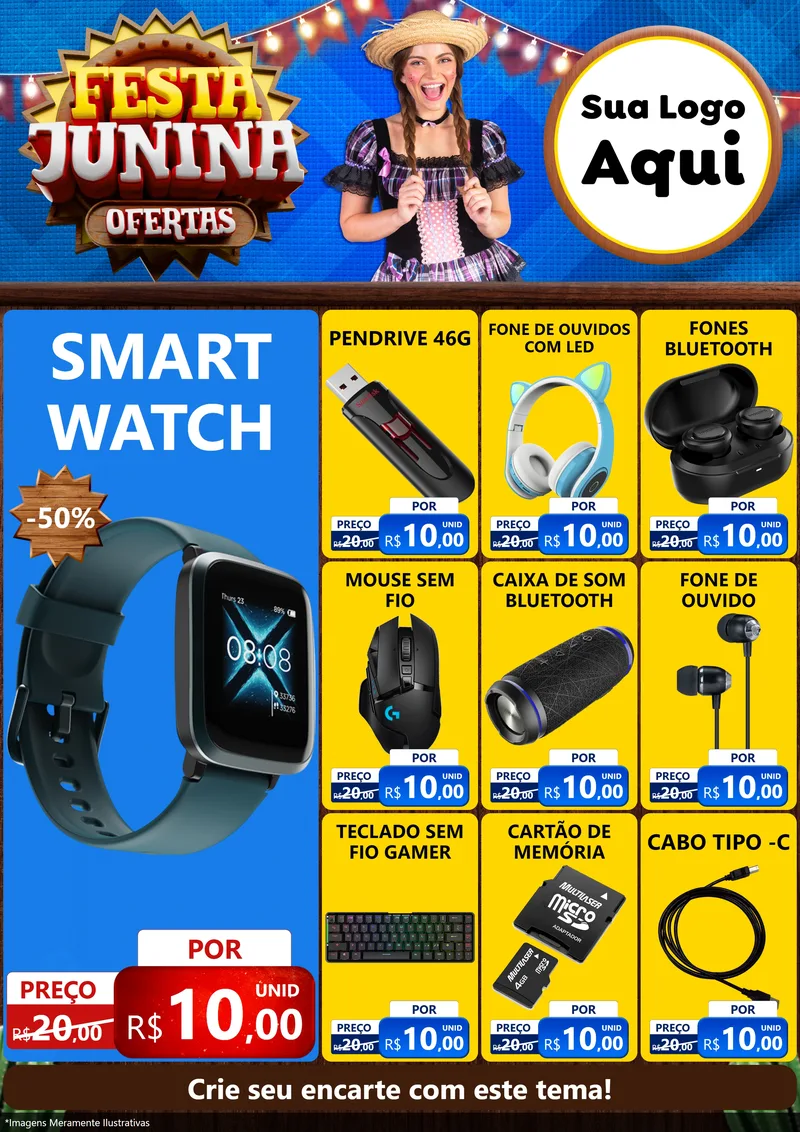 Modelo de Encarte para Encarte A4 Vertical com o tema Festa Junina Ofertas para Informática