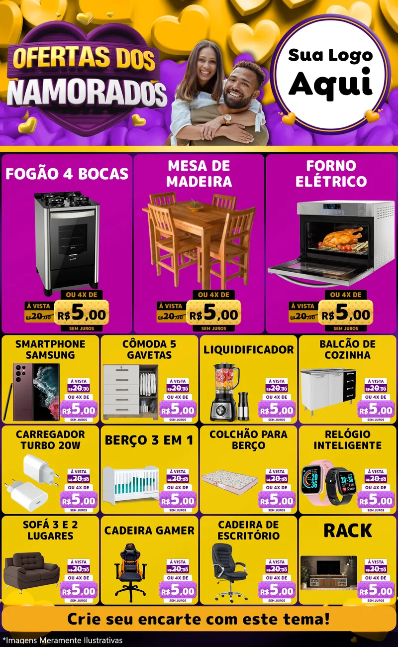 Modelo de Encarte para Encarte Grande com o tema Oferta Dos Namorados para Móveis e Eletro