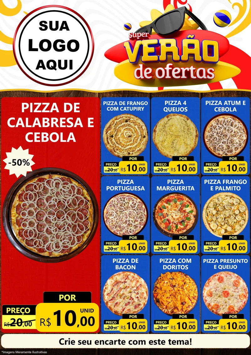 Modelo de Encarte para Encarte A4 Vertical com o tema Super Verão de Ofertas para Pizzaria