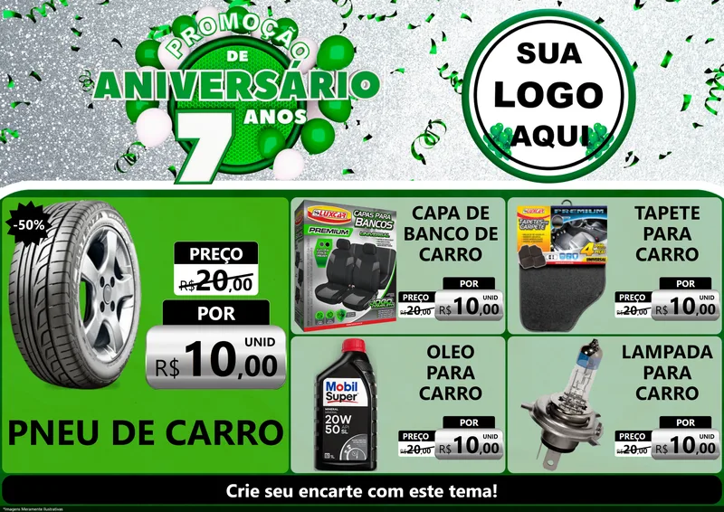 Modelo de Encarte para Encarte A4 Horizontal com o tema Promoção de Aniversário - 7 Anos para Auto peças