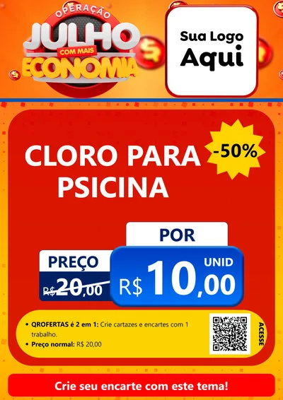 Modelo de Cartaz para Cartaz A4 Vertical com o tema Operação Julho Com Mais Economia para Produtos para Piscina