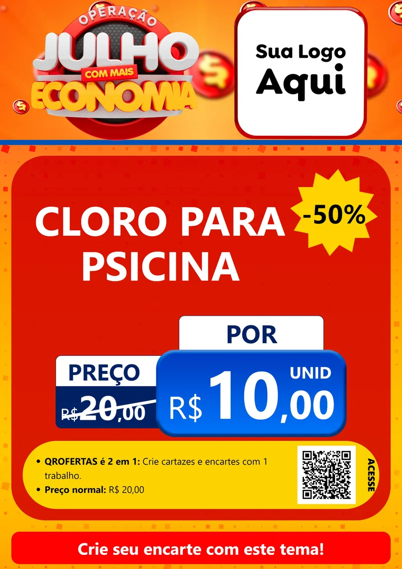 Modelo de Cartaz para Cartaz A4 Vertical com o tema Operação Julho Com Mais Economia para Produtos para Piscina