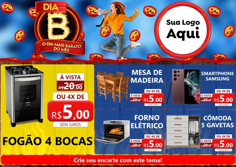 Modelo de Encarte para Encarte A4 Horizontal com o tema Dia B - O Dia Mais Barato Do Mês para Móveis e Eletro