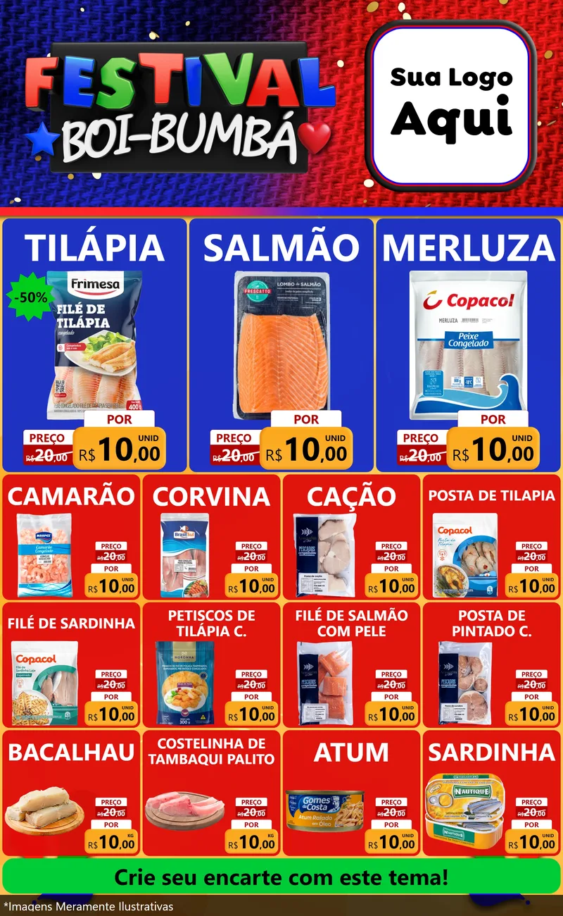 Modelo de Encarte para Encarte Grande com o tema Festival Boi-Bumbá para Peixaria