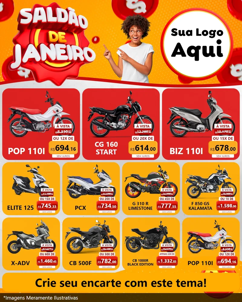 Modelo de Rede Social para Feed Instagram com o tema Saldão de Janeiro para Concessionaria de Motos