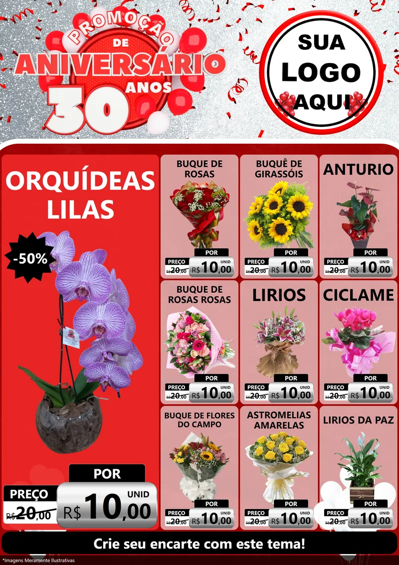 Modelo de Encarte para Encarte A4 Vertical com o tema Promoção de Aniversário - 30 Anos para Floricultura e jardim