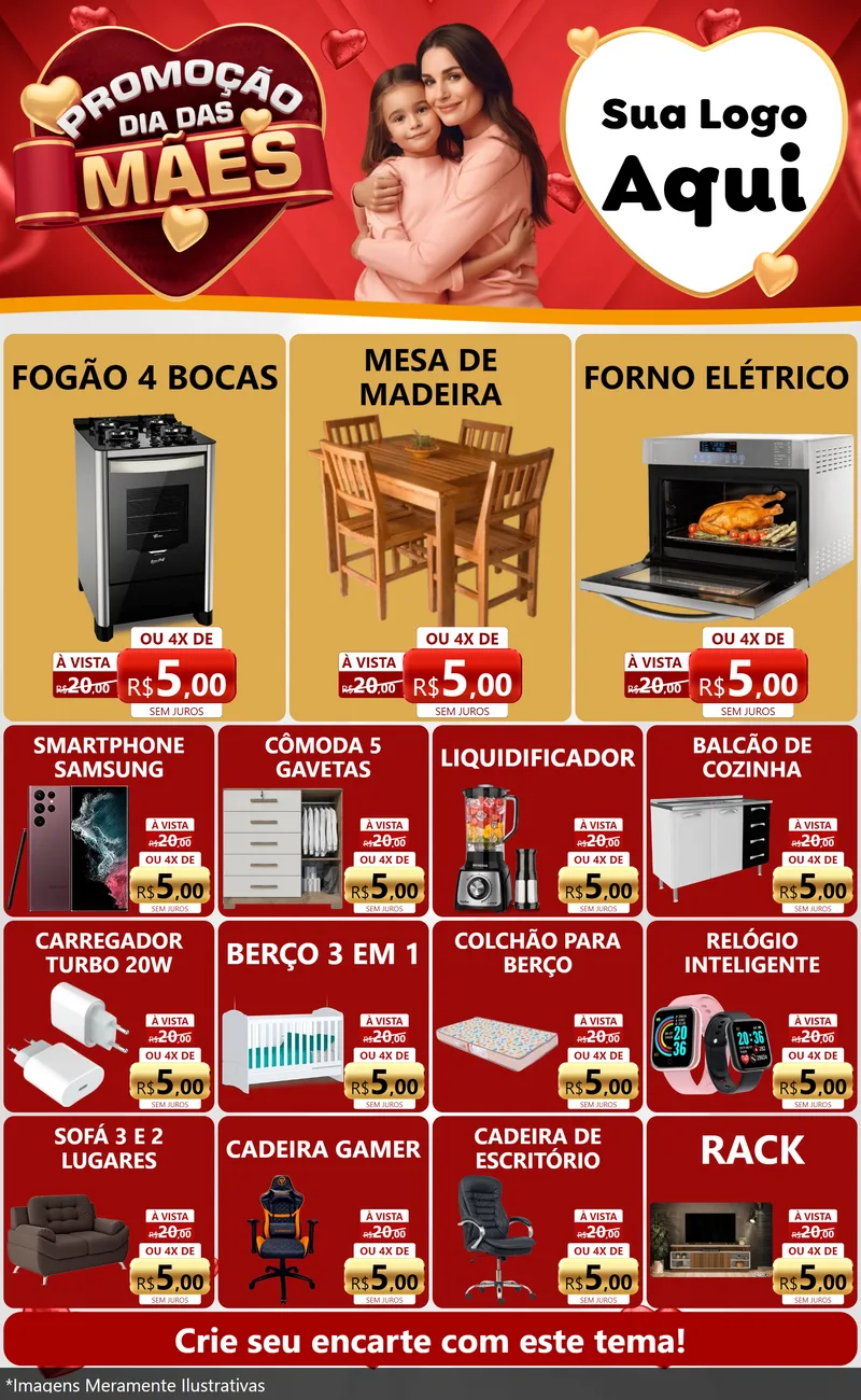 Modelo de Encarte para Encarte Grande com o tema Promoção Dia das Mães para Móveis e Eletro