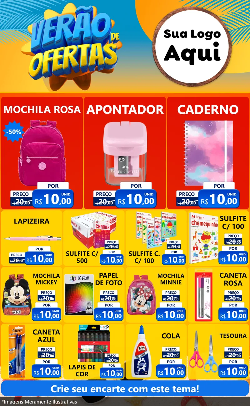 Modelo de Encarte para Encarte Grande com o tema Verão de Ofertas para Papelaria