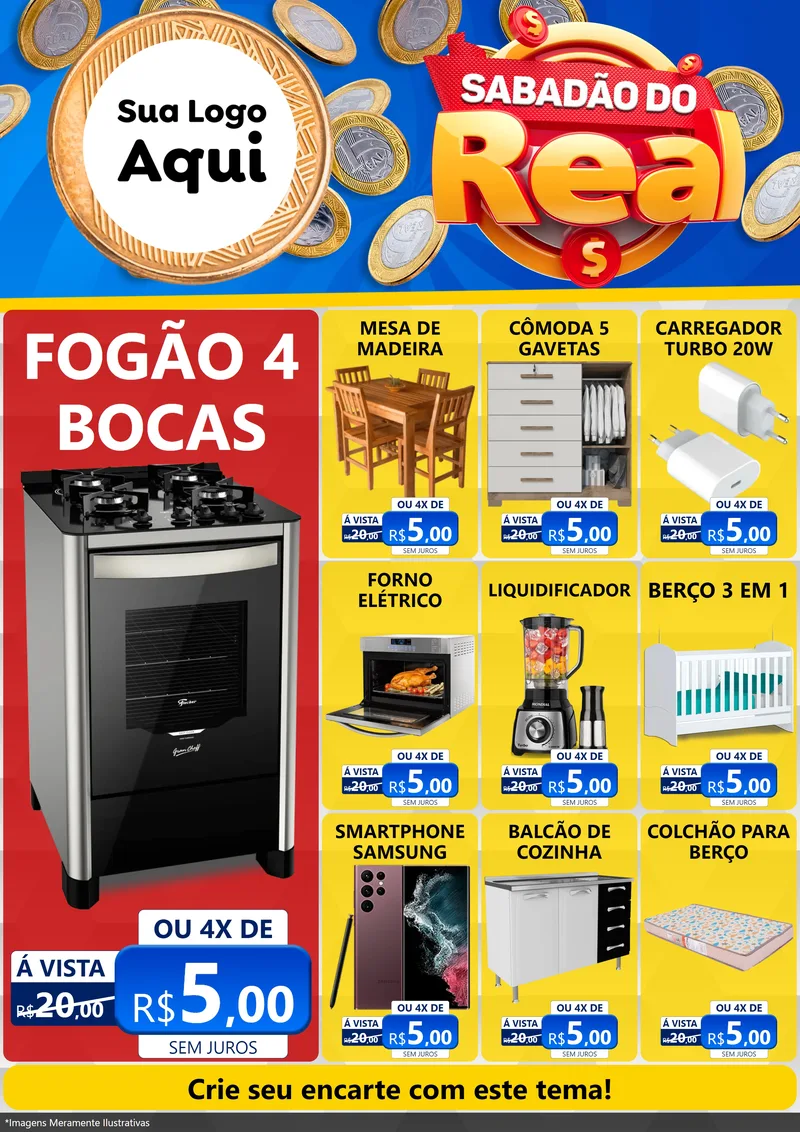 Modelo de Encarte para Encarte A4 Vertical com o tema Sabadão do Real para Móveis e Eletro