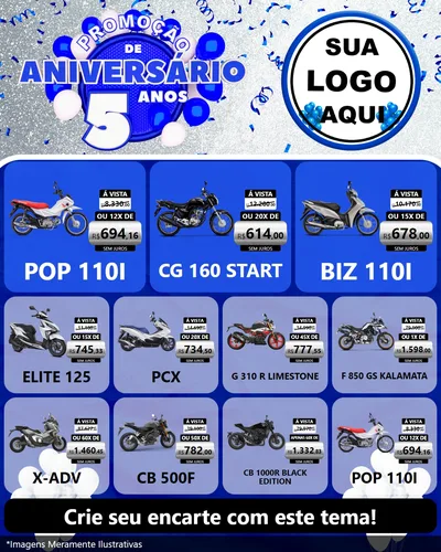 Modelo de Rede Social para Feed Instagram com o tema Promoção de Aniversário - 5 Anos para Concessionaria de Motos