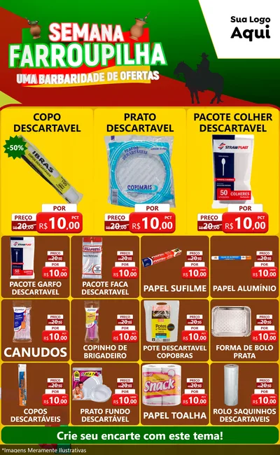 Modelo de Encarte para Encarte Grande com o tema Semana Farroupilha - Uma Barbaridade de Ofertas para Embalagens
