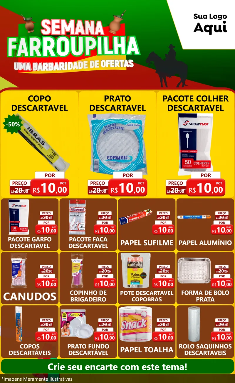 Modelo de Encarte para Encarte Grande com o tema Semana Farroupilha - Uma Barbaridade de Ofertas para Embalagens