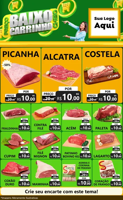 Modelo de Encarte para Encarte Grande com o tema Preço Baixo Carrinho Cheio para Açougue