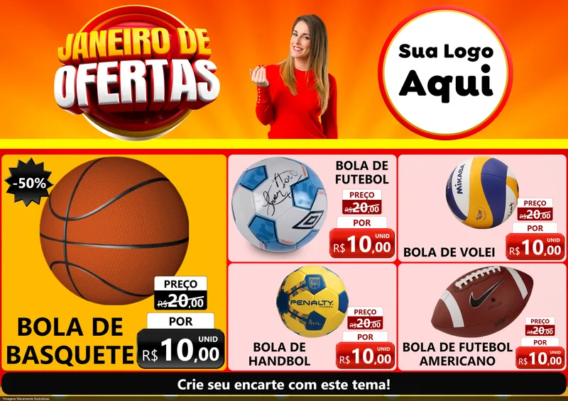 Modelo de Encarte para Encarte A4 Horizontal com o tema Janeiro de Ofertas para Artigos Esportivos
