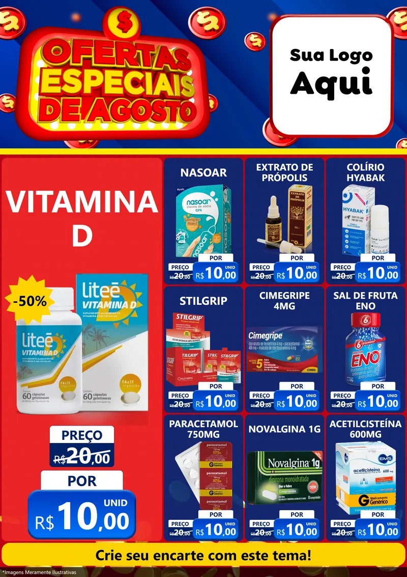 Modelo de Encarte para Encarte A4 Vertical com o tema Ofertas Especiais de Agosto para Farmácia