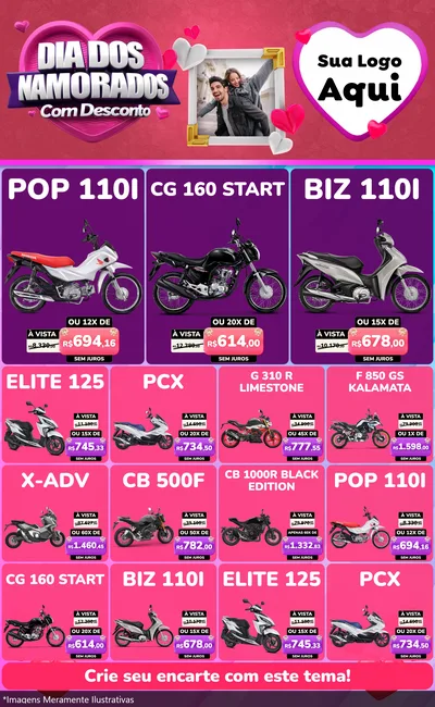 Modelo de Encarte para Encarte Grande com o tema Dia Dos Namorados Com Desconto para Concessionaria de Motos