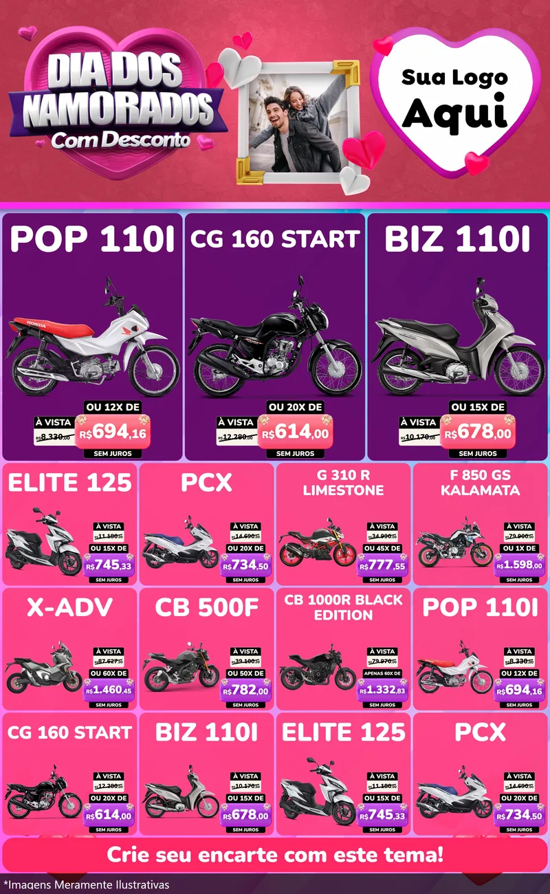 Modelo de Encarte para Encarte Grande com o tema Dia Dos Namorados Com Desconto para Concessionaria de Motos